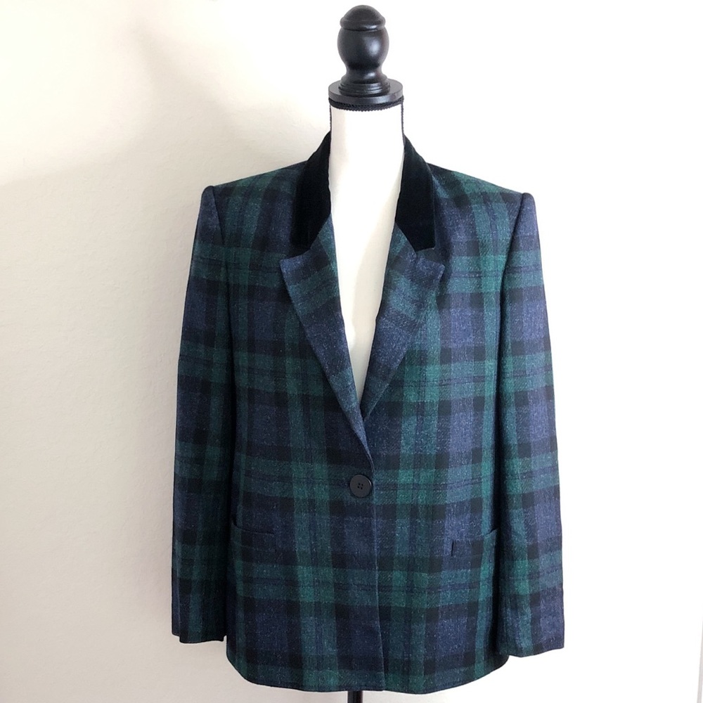 Vintage Plaid Blazer Velvet Collar